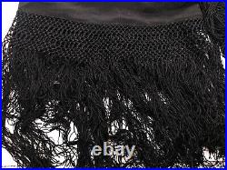 Antique Victorian Black Silk Hand Embroidered Piano Shawl Tassels Mourning Scarf