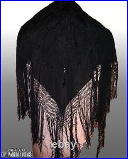 Antique Victorian Black Silk Hand Embroidered Piano Shawl Tassels Mourning Scarf