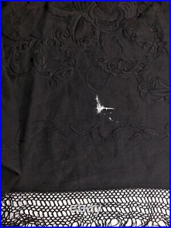 Antique Victorian Black Silk Hand Embroidered Piano Shawl Tassels Mourning Scarf