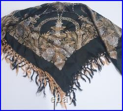 Antique Victorian Black Silk Scarf Shawl Piano Wrap Embroidered Hand Knotted