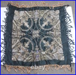 Antique Victorian Black Silk Scarf Shawl Piano Wrap Embroidered Hand Knotted