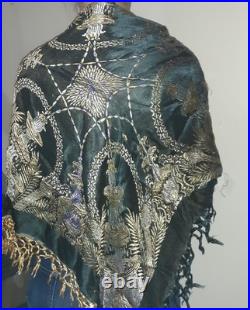 Antique Victorian Black Silk Scarf Shawl Piano Wrap Embroidered Hand Knotted