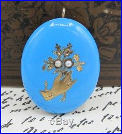 Antique Victorian Blue Enamel Hand Holding Flowers Seed Pearl Pendant 14k Gold