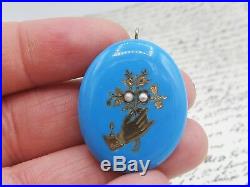 Antique Victorian Blue Enamel Hand Holding Flowers Seed Pearl Pendant 14k Gold