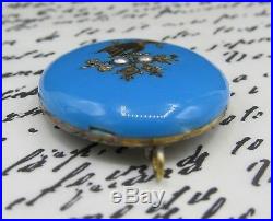 Antique Victorian Blue Enamel Hand Holding Flowers Seed Pearl Pendant 14k Gold