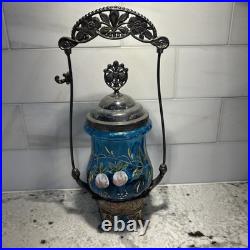 Antique Victorian Blue Glass Enameled Pickle Castor Floral Hand Painted