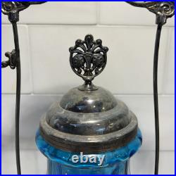 Antique Victorian Blue Glass Enameled Pickle Castor Floral Hand Painted