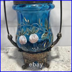 Antique Victorian Blue Glass Enameled Pickle Castor Floral Hand Painted