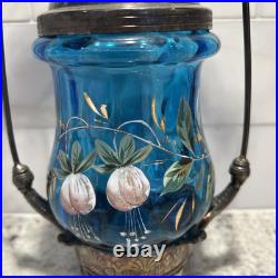 Antique Victorian Blue Glass Enameled Pickle Castor Floral Hand Painted