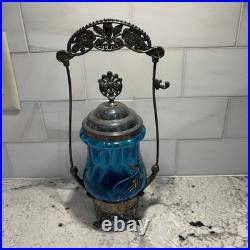 Antique Victorian Blue Glass Enameled Pickle Castor Floral Hand Painted