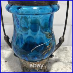 Antique Victorian Blue Glass Enameled Pickle Castor Floral Hand Painted
