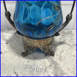 Antique Victorian Blue Glass Enameled Pickle Castor Floral Hand Painted