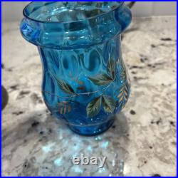 Antique Victorian Blue Glass Enameled Pickle Castor Floral Hand Painted