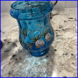 Antique Victorian Blue Glass Enameled Pickle Castor Floral Hand Painted
