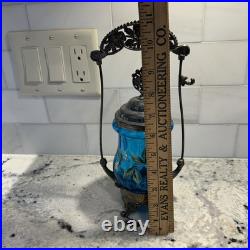 Antique Victorian Blue Glass Enameled Pickle Castor Floral Hand Painted