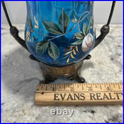 Antique Victorian Blue Glass Enameled Pickle Castor Floral Hand Painted