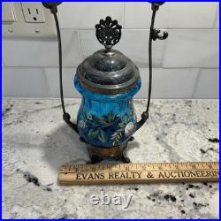 Antique Victorian Blue Glass Enameled Pickle Castor Floral Hand Painted