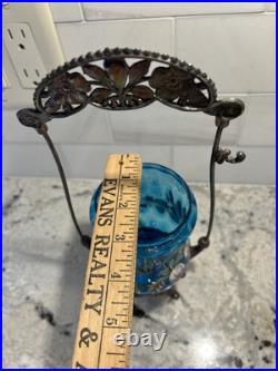 Antique Victorian Blue Glass Enameled Pickle Castor Floral Hand Painted