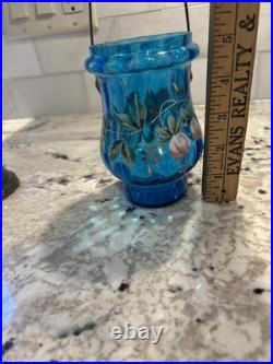 Antique Victorian Blue Glass Enameled Pickle Castor Floral Hand Painted