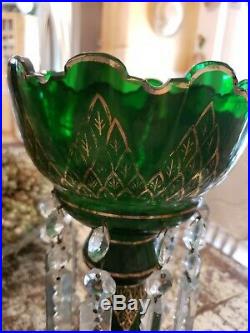 Antique Victorian Bohemian Emerald Green Gold Gilt Hand Painted Mantle Lusters