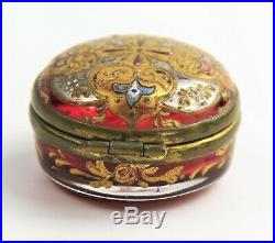 Antique Victorian Bohemian Moser Czech Hand Painted Cranberry Glass Pill Box
