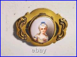 Antique Victorian Brass Hand Painted Portrait Porcelain Brooch Pin 2.5 x 2