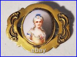 Antique Victorian Brass Hand Painted Portrait Porcelain Brooch Pin 2.5 x 2