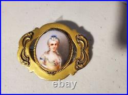 Antique Victorian Brass Hand Painted Portrait Porcelain Brooch Pin 2.5 x 2