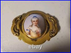 Antique Victorian Brass Hand Painted Portrait Porcelain Brooch Pin 2.5 x 2
