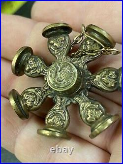 Antique Victorian Brass Nine Sided Wax Seal Desk Multi-seal Wheel Heart In Hand