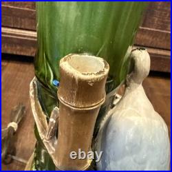 Antique Victorian Bretby Art Pottery hand-painted crane bird bamboo 19th Century