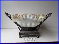 Antique Victorian Brides Basket With Fenton Hand Painted Glass