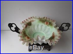 Antique Victorian Brides Basket With Fenton Hand Painted Glass