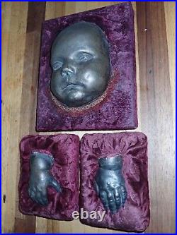 Antique Victorian Bronze Death Mask with Rare Hands Casting Unknownn Young Child