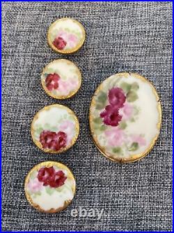 Antique Victorian Brooch (4) Buttons Hand-Painted Tea Roses Raised Gilt RARE