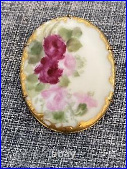 Antique Victorian Brooch (4) Buttons Hand-Painted Tea Roses Raised Gilt RARE
