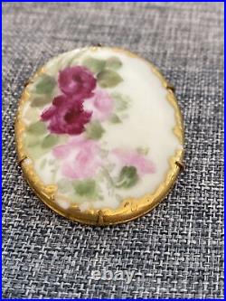 Antique Victorian Brooch (4) Buttons Hand-Painted Tea Roses Raised Gilt RARE