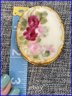 Antique Victorian Brooch (4) Buttons Hand-Painted Tea Roses Raised Gilt RARE