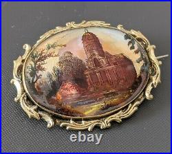 Antique Victorian Brooch Hand Painted Church scene on Mother of pearl Pinchbeck