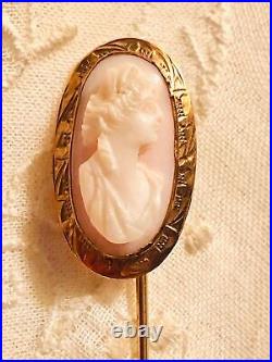 Antique Victorian Cameo 10k Gold Pink Conch Sh ell Lapel Stick Tie Pin