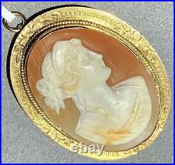 Antique Victorian Cameo 14K Yellow Gold Hand Carved Shell Goddess Brooch Pendant