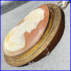 Antique Victorian Cameo 14K Yellow Gold Hand Carved Shell Goddess Brooch Pendant