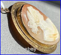 Antique Victorian Cameo 14K Yellow Gold Hand Carved Shell Goddess Brooch Pendant