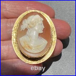 Antique Victorian Cameo 14K Yellow Gold Hand Carved Shell Goddess Brooch Pendant