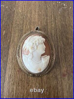 Antique Victorian Cameo 1800's Hand Carved 10K Gold Etched Brooch Heavy Big