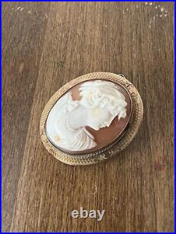 Antique Victorian Cameo 1800's Hand Carved 10K Gold Etched Brooch Heavy Big