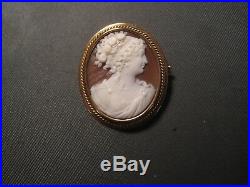 Antique Victorian Cameo Brooch Hand Carved 14K Frame Excellent Condition