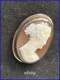 Antique Victorian Cameo Brooch Shell Maenad Pin Silver Goddess Gold Wire Surrnd