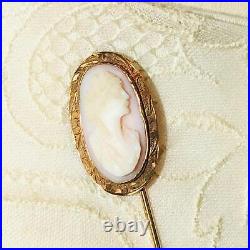 Antique Victorian Cameo Conch Shell Lapel Stick Tie Pin 10k gold Pink White