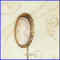 Antique Victorian Cameo Conch Shell Lapel Stick Tie Pin 10k gold Pink White